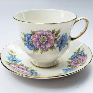Queen Anne teacup and saucer, purple blue flowers, mums, gold